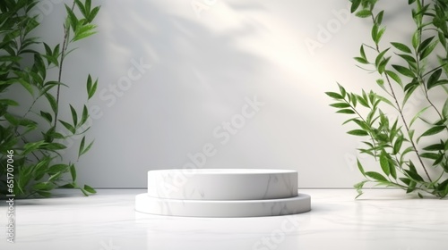 Podium background 3D white marble stand display platform mockup. Stone podium scene summer background 3D render product stage presentation green pedestal plant rock leaf art abstract. Generative AI