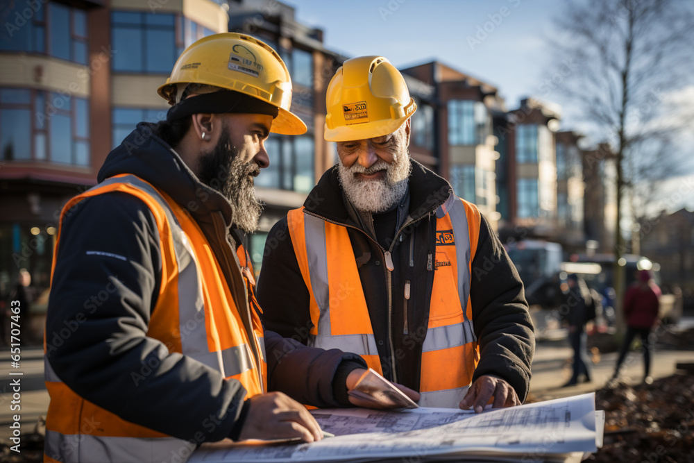 Two Construction Workers Reviewing Blueprints at the Job Site Two Construction Workers Reviewing Blueprints at the Job Site