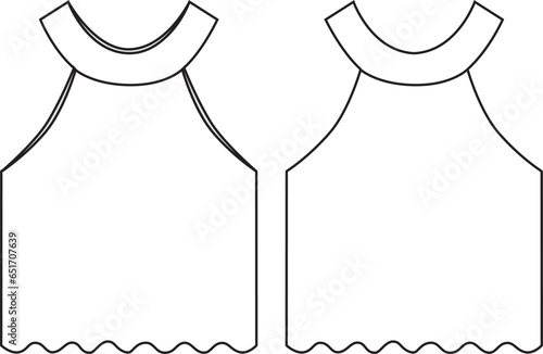 Women's Crochet, Halter Neck Knit Top- Technical fashion illustration. Front and back, white color. Women's CAD mock-up.