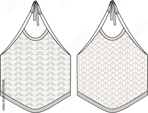 Women's Halter Neck, Dippy Hem Crochet Top- Technical fashion illustration. Front, off-white color. Women's CAD mock-up.