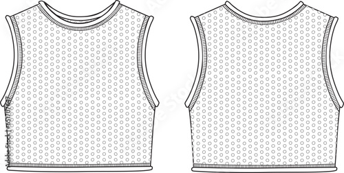 Women's Crochet, Cropped Knit Vest Top- Top technical fashion illustration. Flat apparel top template front and back, white color. Women's CAD mock-up.