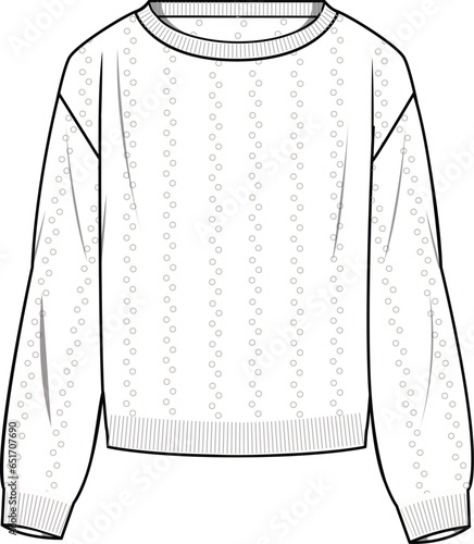 Women's Crochet Jumper- Technical fashion illustration. Front, white color. Women's CAD mock-up.