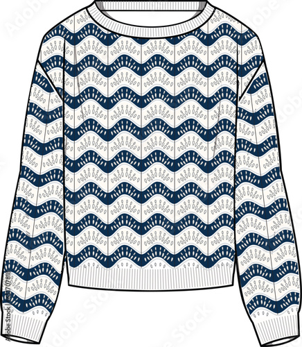 Women's Striped Crochet Jumper- Technical fashion illustration. Front, navy, and white color. Women's CAD mock-up.