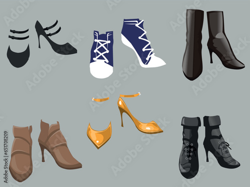 vector stylish footwear cartoon vector illustration set. elegant and casual shoes