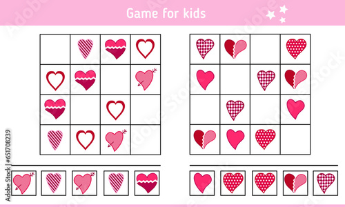 Sudoku for kids with hearts. Educational game for children. Vector illustration