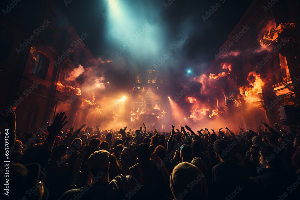 Energetic Concert Crowd with Raised Hands and Vibrant Lights Energetic Concert Crowd with Raised Hands and Vibrant Lights