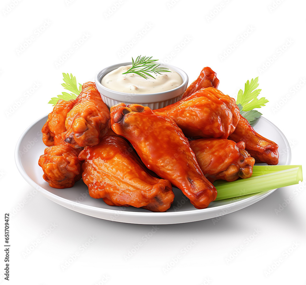 Buffalo wings chicken meat meal AI image illustration isolated on white background. Delicious tasty popular food concept. American favourite cuisine 