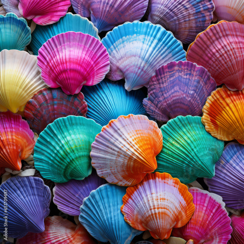 Closeup view of colorful shells filling the whole frame