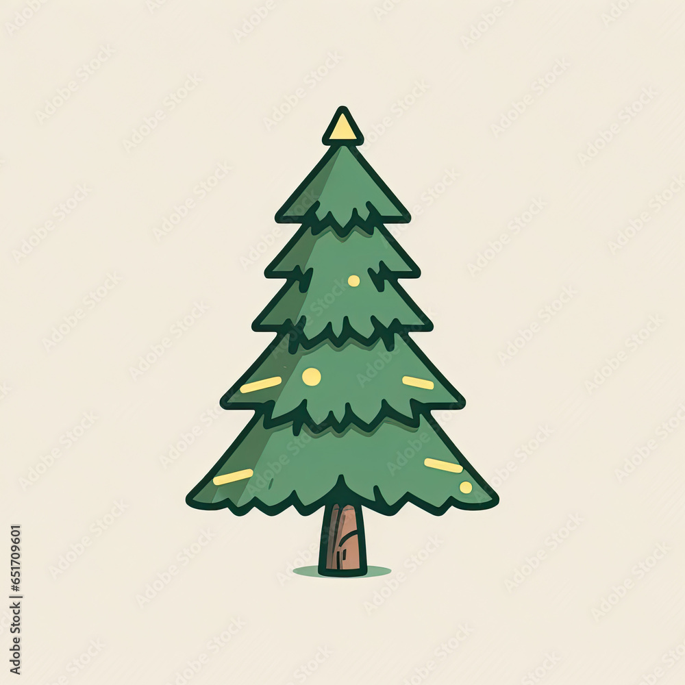 Simple vector drawing of a decorated christmas tree, minimalist icon symmetrical sticker design AI Generated