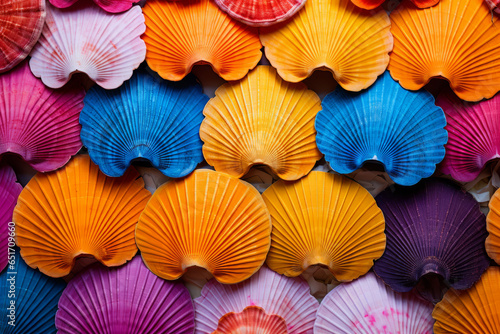 Closeup view of colorful shells filling the whole frame