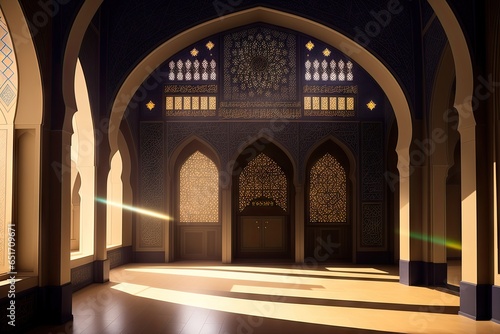 Mosque and shadows. Light rays from mosque window or door. Prayer s vision  generative ai. Muslim art.