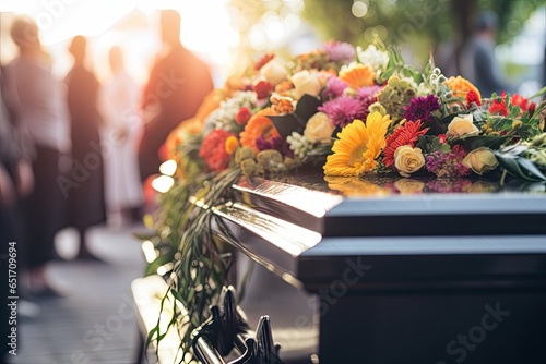 A funeral service with a coffin, flowers, and mourners in a church, symbolizing grief, remembrance, and the celebration of a life passed away. photo