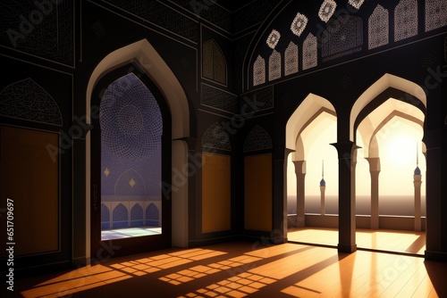 Light rays from mosque window or door. Prayer s vision  generative ai. Muslim art.