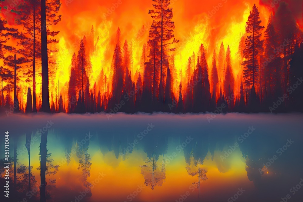 Intense flames from a massive forest fire, generative ai. Flames light up the evening Intense flames from a massive forest fire, generative ai. Flames light up the evening