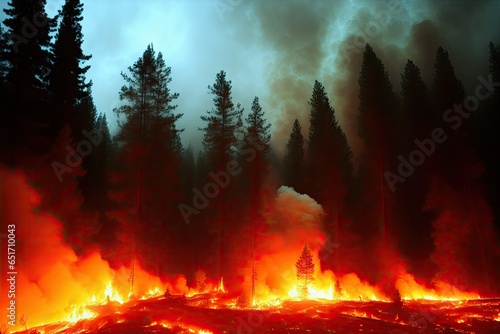 Intense flames from a massive forest fire, generative ai. Flames light up the evening