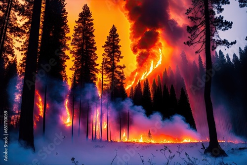 Intense flames from a massive forest fire, generative ai. Flames light up the evening © Aleksandr