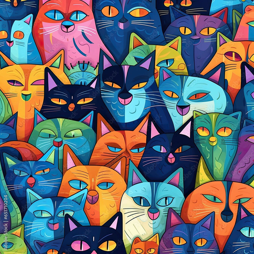 Seamless repeating patterns of crazy colorful cats AI Generated Seamless repeating patterns of crazy colorful cats AI Generated