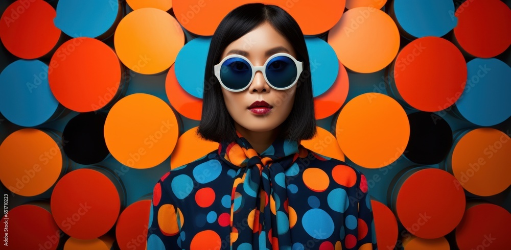 Stylish young Asian woman against a dynamic pop art backdrop, embodying the eclectic vibes of the 60s-70s disco club era with her sleek sunglasses and outfit. - obrazy, fototapety, plakaty 