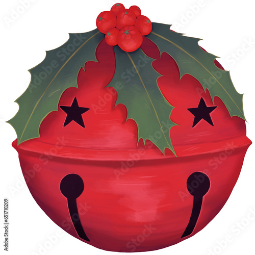 ilustracion de cascabel navide√±o rojo con planta de muerdago encima photo