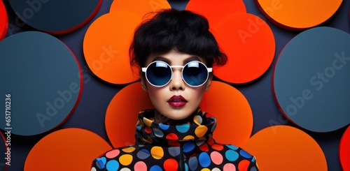 Stylish young Asian woman against a dynamic pop art backdrop, embodying the eclectic vibes of the 60s-70s disco club era with her sleek sunglasses and outfit.