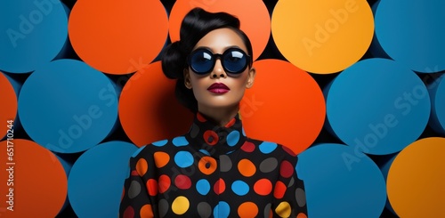 Stylish young Asian woman against a dynamic pop art backdrop, embodying the eclectic vibes of the 60s-70s disco club era with her sleek sunglasses and outfit.