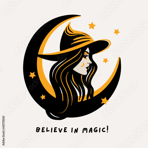 Young charming witch woman face with a moon in a hat Halloween silhouette portrait, vector party card print illustration