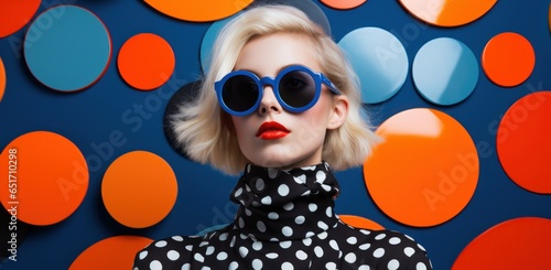 Trendy young blonde American girl, capturing the iconic style of the 60s-70s disco era, poses against a lively pop art backdrop, her sunglasses reflecting the vibrant energy of the times.