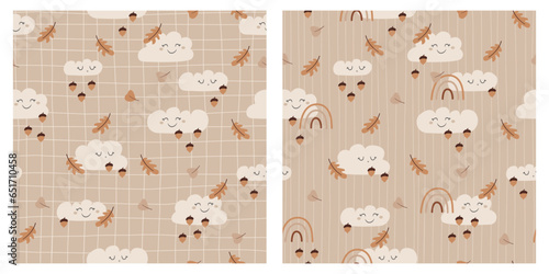 Set of kids cute autumn seamless patterns with clouds, rainbows, leaves, acorns. Fall vector fabric design. Nursery hand drawn ornament for textile, paper, package. 