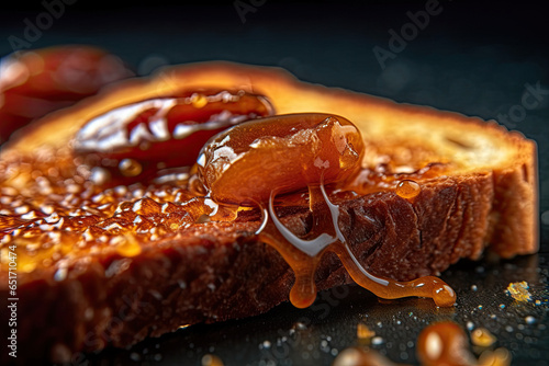 Saudi Arab Dates toast, macro shot of a fresh breakfast with Dripping Honey, AI Generated photo