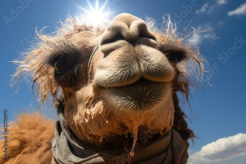 A close-up view of a camel's face as it sweats profusely in the scorching heat of summer 
