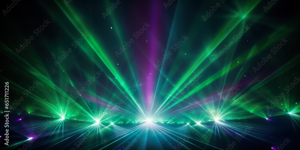 Naklejka premium Lasershow background banner - Closeup of colorful green purple laser beams rays in a club, disco, nightclub or on a festival, in the dark black night | Generative AI
