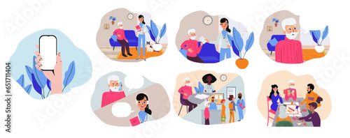 Elderly's Medical Insurance Set. Insurance company service, medical protection concept vector