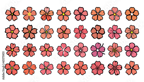 Pink flower with five petals, spring flowers vector drawing set photo