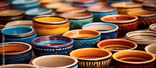 Handmade pottery including plates cups and pots sold in Nochixtlan market Oaxaca Mexico