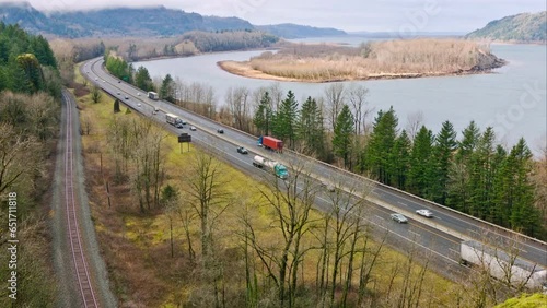Highway Harmony: Columbia River Gorge with Mountain Views and Freeway Traffic in 4K Video