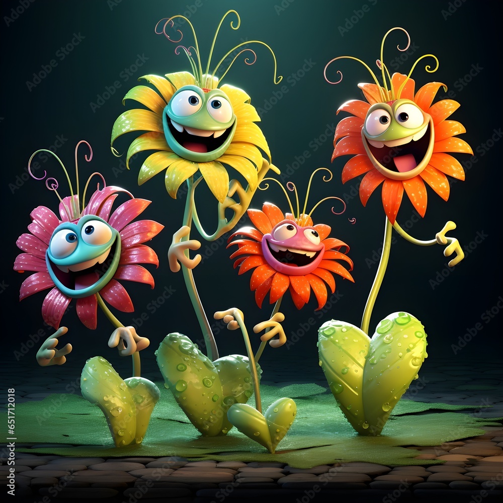whimsical world of imagination where vibrant and playful flowers come to life in a surreal 3D comic kids' image, inviting you to join their joyful dance whimsical world of imagination where vibrant and playful flowers come to life in a surreal 3D comic kids' image, inviting you to join their joyful dance