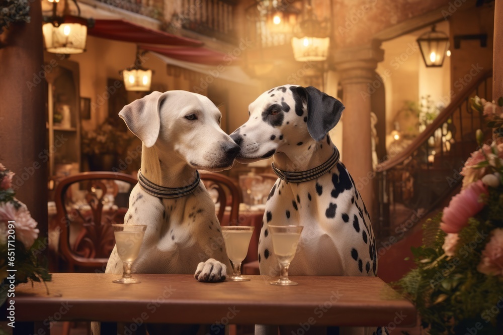 two cute dalmatian dogs having a romantic dinner dinning at the luxurious french parisian restaurant with vintage interior, touching their noses in love - obrazy, fototapety, plakaty 