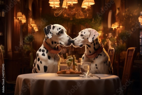 two cute dalmatian dogs having a romantic dinner dinning at the luxurious french parisian restaurant with vintage interior, touching their noses in love © Romana