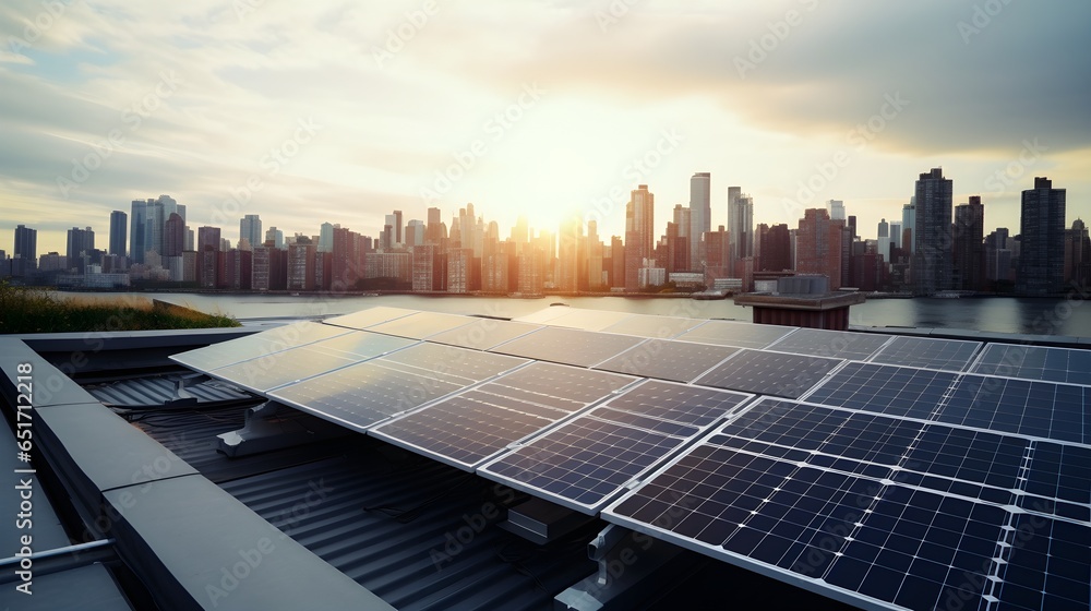 Urban embrace of sustainability as a solar panels graces the rooftop of a NYC building, harnessing clean and renewable energy, while offering views of Manhattan skyline. - obrazy, fototapety, plakaty 