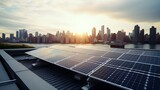 Urban embrace of sustainability as a solar panels graces the rooftop of a NYC building, harnessing clean and renewable energy, while offering views of Manhattan skyline.