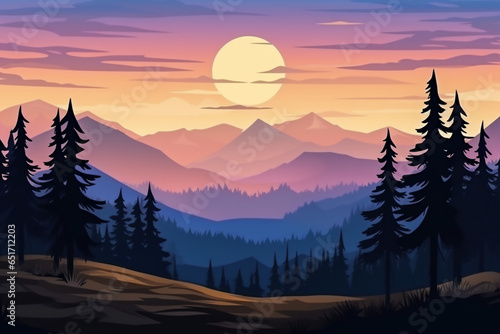 Nature illustration flat design. Beautiful sunset view with forest and mountain in the nature illustration background © Mete Caner Arican