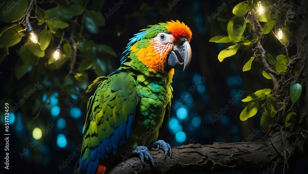A portrait of a parrot on a tree in bioluminescent lighting.