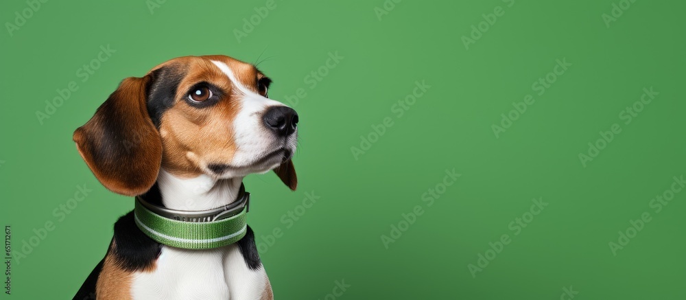 Top view of cute Beagle with protective collar on green backdrop