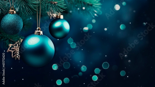 Minimalistic design  beautiful festive New Year and Christmas background  green Christmas tree with colorful Christmas ornaments  with empty space for text. holiday mood. Generative AI