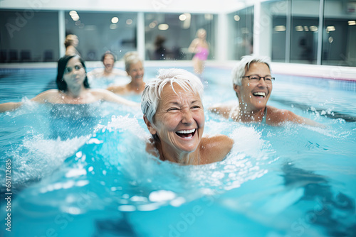 Seniors gather for aqua fitness in an pool, promoting health, wellness, and relaxation in retirement.