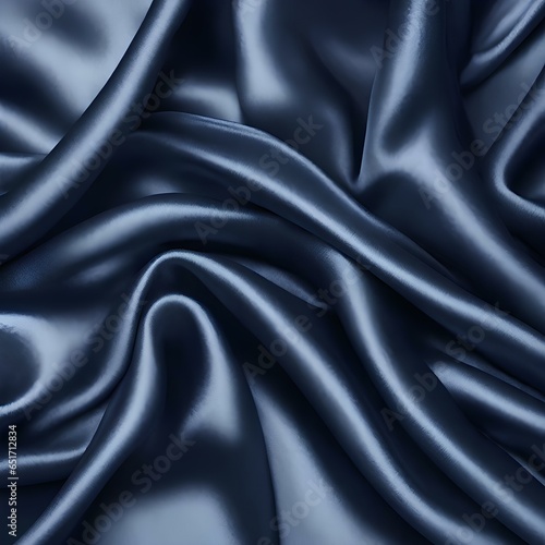 Dark blue silk satin. Soft folds. Fabric. Navy blue luxury background. Space for design.Wavy lines.Banner. Wide.Long. Flat lay, top view table. Beautiful. Elegant. Birthday, Christmas, Valentine's Day