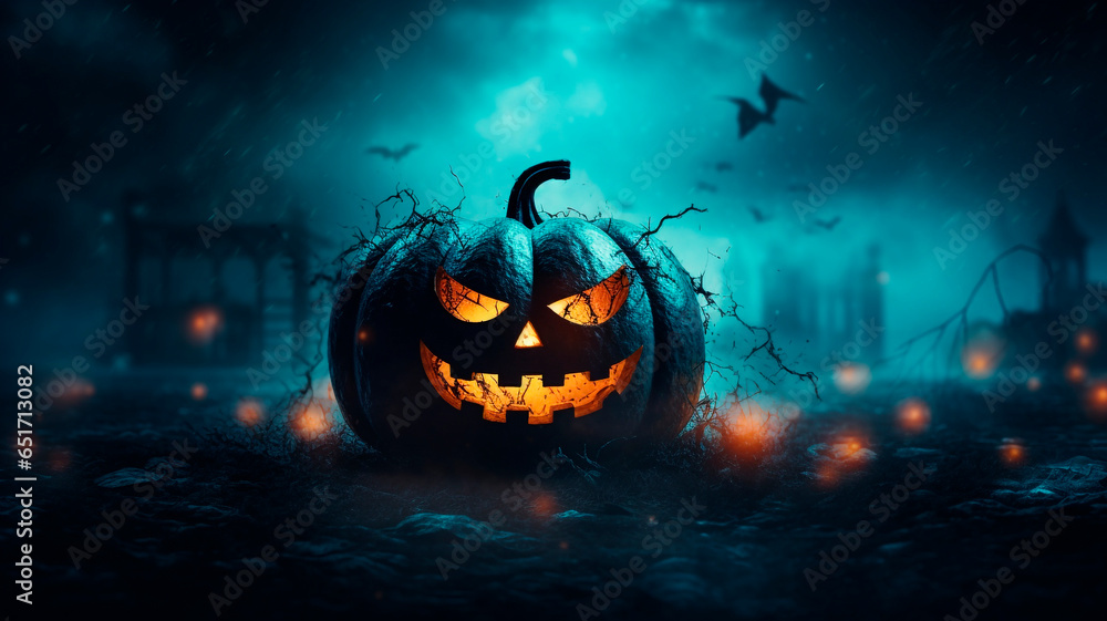 Naklejka premium halloween background image in minimalistic style, with empty space for text, in dark colors with light dims. Generative AI