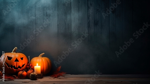 halloween background image in minimalistic style, with empty space for text, in dark colors with light dims. Generative AI