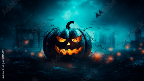 halloween background image in minimalistic style, with empty space for text, in dark colors with light dims. Generative AI