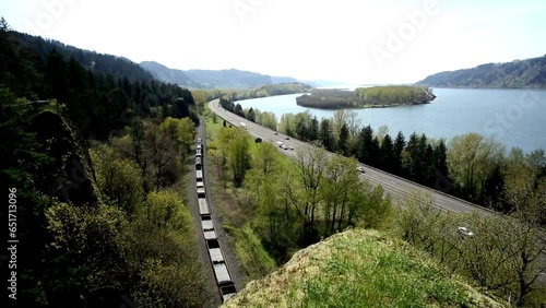 Highway Harmony: Columbia River Gorge with Mountain Views and Freeway Traffic in 4K Video